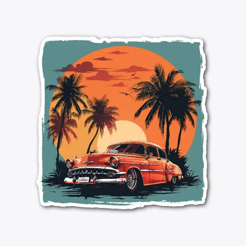 Vintage car with palm trees and sunset