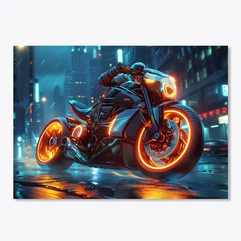 Powerful motorcycle with glowing wheels