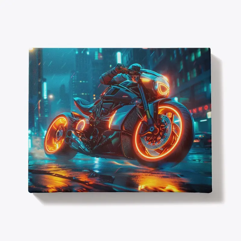 Powerful motorcycle with glowing wheels