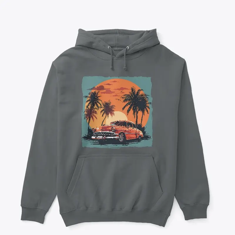 Vintage car with palm trees and sunset