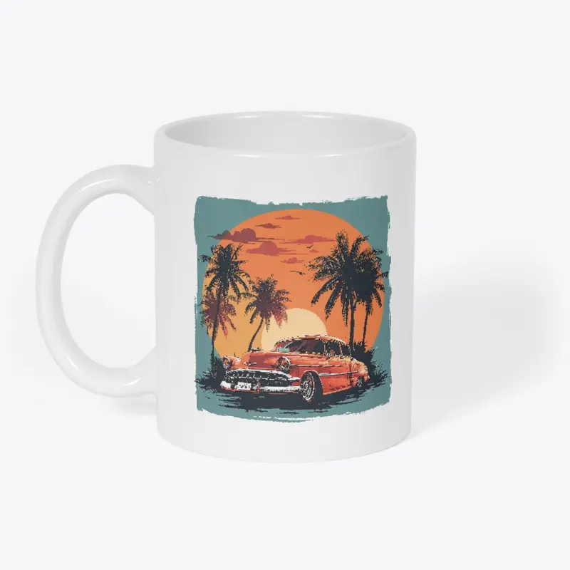 Vintage car with palm trees and sunset