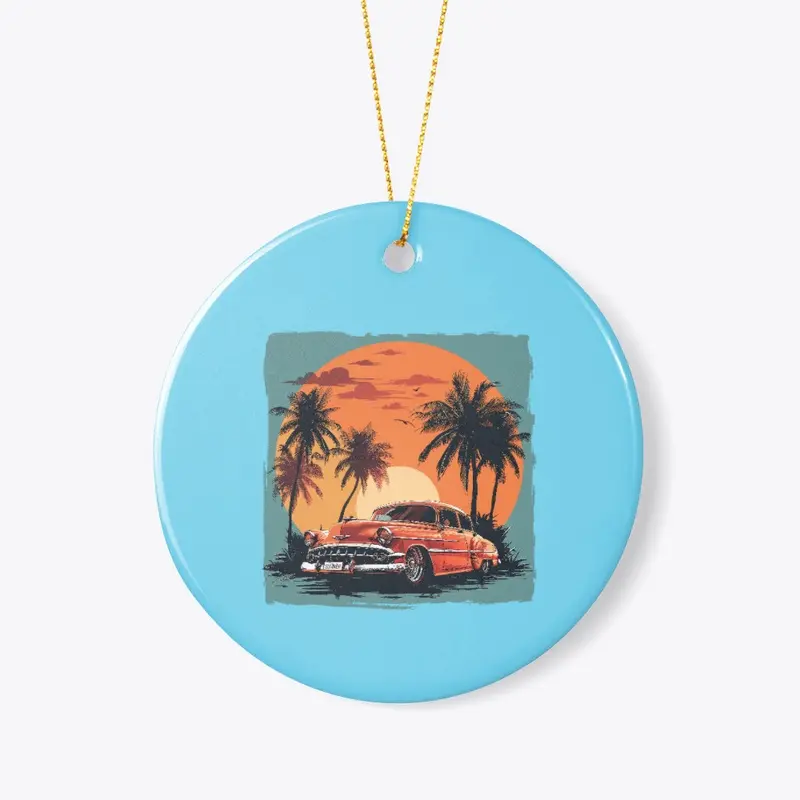 Vintage car with palm trees and sunset